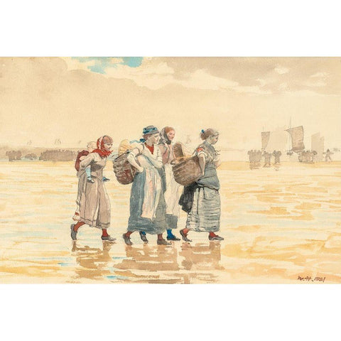 Four Fishwives on the Beach Black Modern Wood Framed Art Print with Double Matting by Homer, Winslow