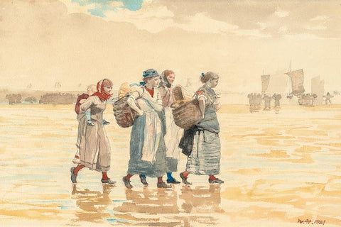 Four Fishwives on the Beach Black Ornate Wood Framed Art Print with Double Matting by Homer, Winslow