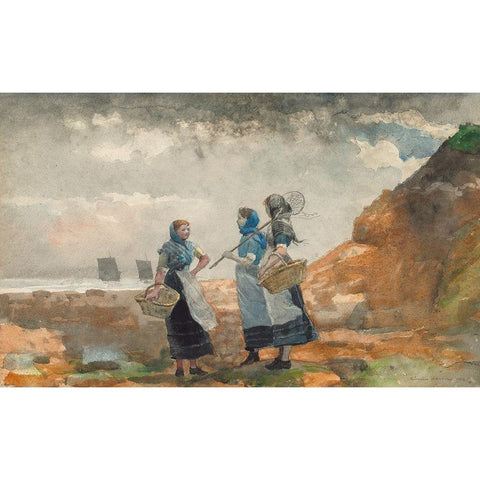 Three Fisher Girls, Tynemouth Black Modern Wood Framed Art Print with Double Matting by Homer, Winslow