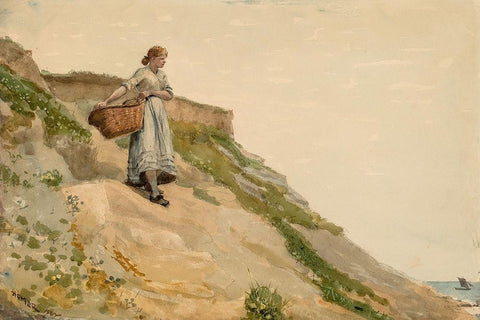 Girl Carrying a Basket White Modern Wood Framed Art Print with Double Matting by Homer, Winslow