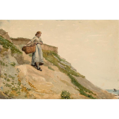 Girl Carrying a Basket White Modern Wood Framed Art Print by Homer, Winslow