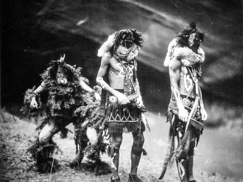 Navajo Yebichai (Yei Bi Chei) dancers White Modern Wood Framed Art Print with Double Matting by Curtis, Edward