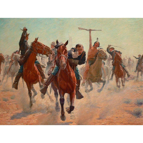 Gilcrease, Breaking through the line Black Modern Wood Framed Art Print with Double Matting by Schreyvogel, Charles