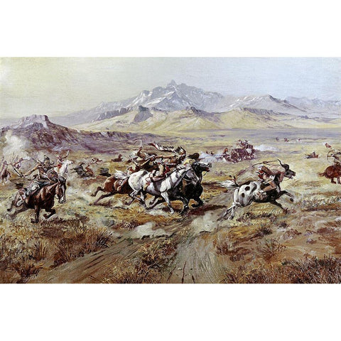 Stage Coach Attack Black Modern Wood Framed Art Print by Russell, Charles Marion