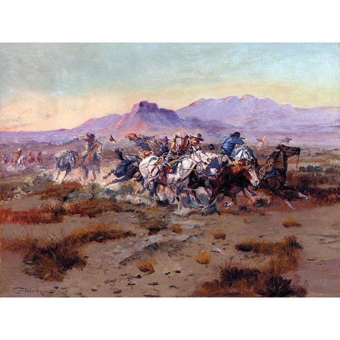 The Attack White Modern Wood Framed Art Print by Russell, Charles Marion