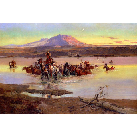 Fording the Horse Herd Black Modern Wood Framed Art Print by Russell, Charles Marion