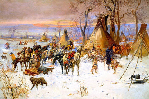 Indian Hunters Return Black Ornate Wood Framed Art Print with Double Matting by Russell, Charles Marion