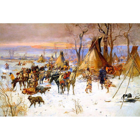 Indian Hunters Return White Modern Wood Framed Art Print by Russell, Charles Marion