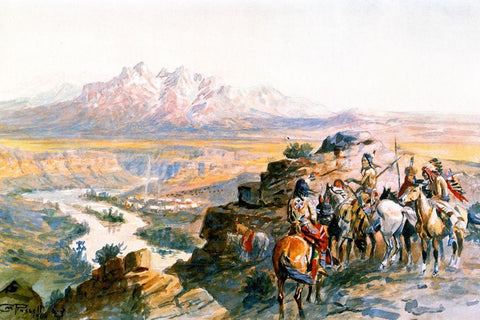 Planning the Attack on the Wagon Train Black Ornate Wood Framed Art Print with Double Matting by Russell, Charles Marion