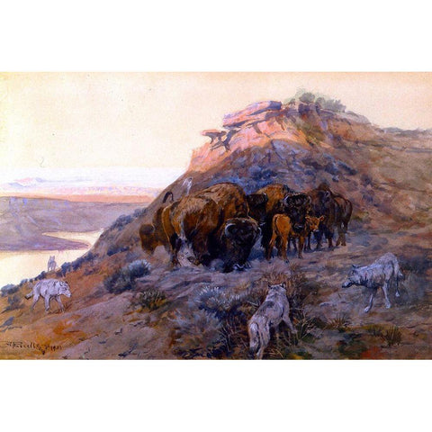 Buffalo Herd at Bay Gold Ornate Wood Framed Art Print with Double Matting by Russell, Charles Marion