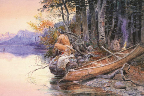 Indian Camp  Lake McDonald Black Ornate Wood Framed Art Print with Double Matting by Russell, Charles Marion