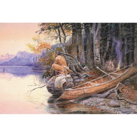 Indian Camp  Lake McDonald Black Modern Wood Framed Art Print by Russell, Charles Marion