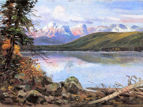 Lake McDonald Black Ornate Wood Framed Art Print with Double Matting by Russell, Charles Marion