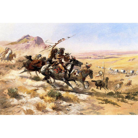 Attack on a Wagon Train Black Modern Wood Framed Art Print by Russell, Charles Marion