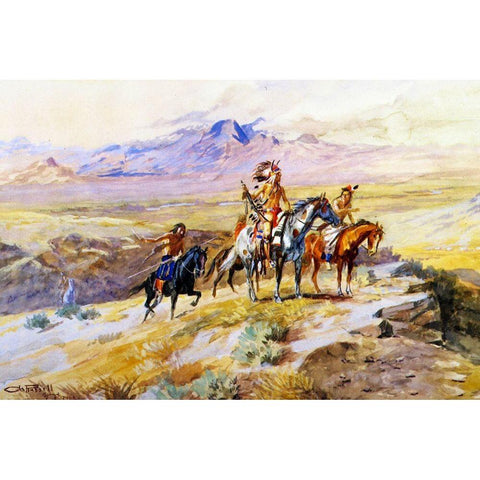 Indians Scouting a Wagon Train White Modern Wood Framed Art Print by Russell, Charles Marion