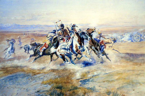 The Attack Black Ornate Wood Framed Art Print with Double Matting by Russell, Charles Marion
