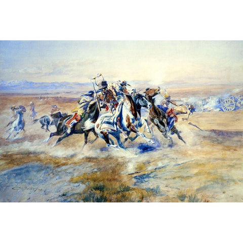 The Attack White Modern Wood Framed Art Print by Russell, Charles Marion