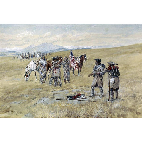 Captain Lewis Meeting the Shoshones Black Modern Wood Framed Art Print by Russell, Charles Marion