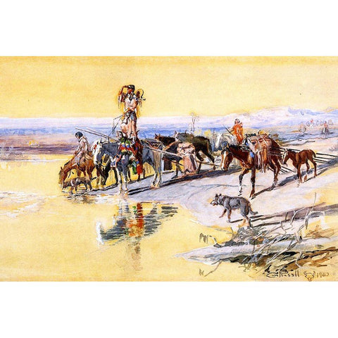 Indians Traveling on Travois Black Modern Wood Framed Art Print by Russell, Charles Marion