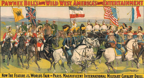 Magnificent international military calvary drill White Modern Wood Framed Art Print with Double Matting by Pawnee Bills Wild West Show Poster
