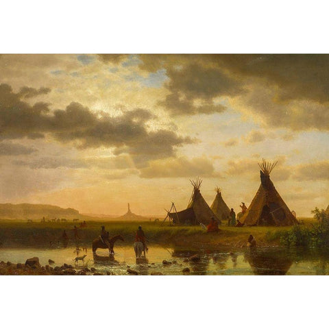 View of Chimney Rock, Ohalilah Sioux Village in the foreground Gold Ornate Wood Framed Art Print with Double Matting by Bierstadt, Albert