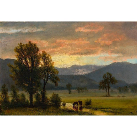 Landscape with cattle Black Modern Wood Framed Art Print with Double Matting by Bierstadt, Albert