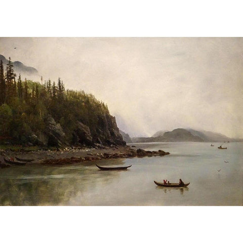 Indians Fishing White Modern Wood Framed Art Print by Bierstadt, Albert