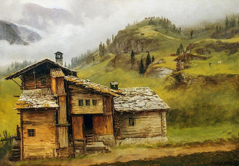 Mountain House White Modern Wood Framed Art Print with Double Matting by Bierstadt, Albert