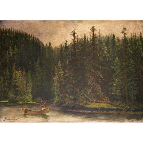 Indian Hunters in Canoe Black Modern Wood Framed Art Print with Double Matting by Bierstadt, Albert