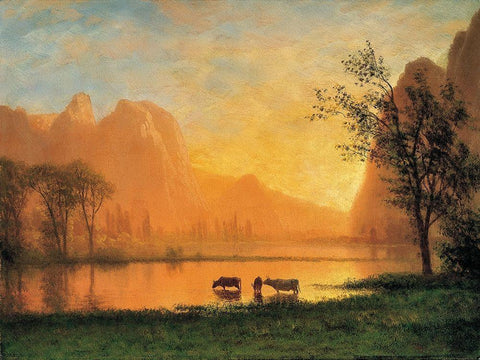 Sundown at Yosemite White Modern Wood Framed Art Print with Double Matting by Bierstadt, Albert