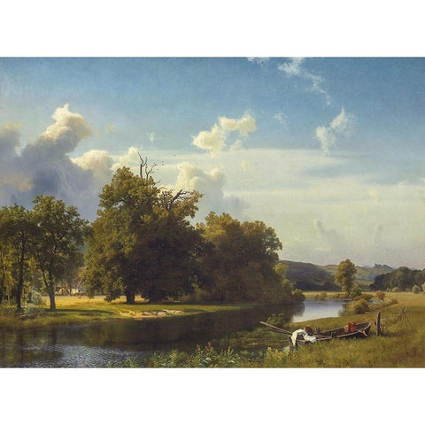 A River Landscape, Westphalia Black Modern Wood Framed Art Print with Double Matting by Bierstadt, Albert