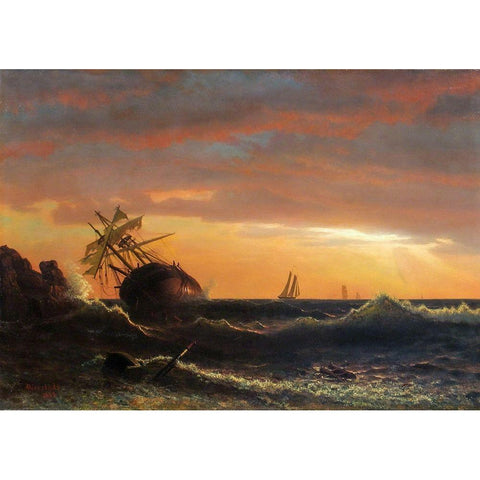 Beached Ship White Modern Wood Framed Art Print by Bierstadt, Albert