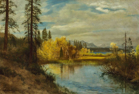 Outlet at Lake Tahoe White Modern Wood Framed Art Print with Double Matting by Bierstadt, Albert