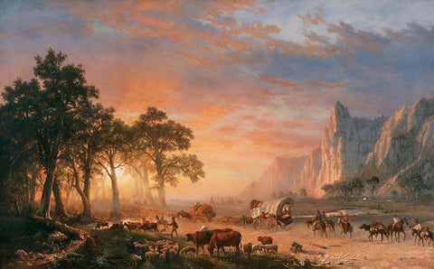 The Oregon Trail White Modern Wood Framed Art Print with Double Matting by Bierstadt, Albert