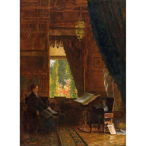 Interior of a Library Black Modern Wood Framed Art Print with Double Matting by Bierstadt, Albert