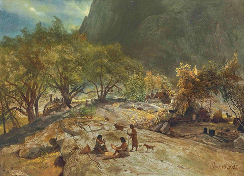 Mariposa Indian Encampment, Yosemite Valley, California White Modern Wood Framed Art Print with Double Matting by Bierstadt, Albert