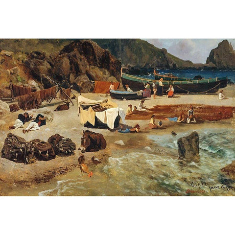 Fishing Boats at Capri Gold Ornate Wood Framed Art Print with Double Matting by Bierstadt, Albert