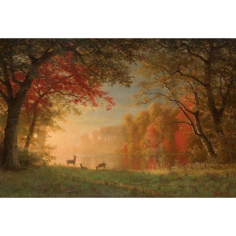 Indian Sunset, Deer by a Lake Gold Ornate Wood Framed Art Print with Double Matting by Bierstadt, Albert