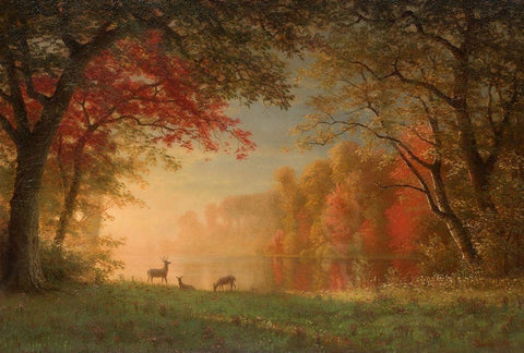 Indian Sunset, Deer by a Lake Black Ornate Wood Framed Art Print with Double Matting by Bierstadt, Albert