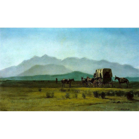 Surveyorâ€™s Wagon in the Rockies White Modern Wood Framed Art Print by Bierstadt, Albert