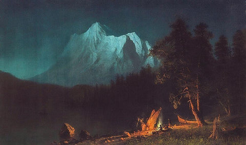 Mountainous Landscape by Moonlight White Modern Wood Framed Art Print with Double Matting by Bierstadt, Albert