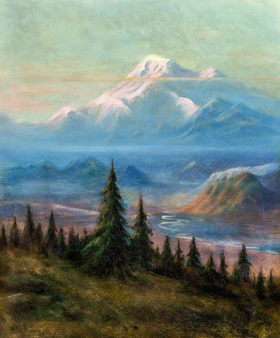 Puyallup River Valley and Mount Rainier White Modern Wood Framed Art Print with Double Matting by Bierstadt, Albert