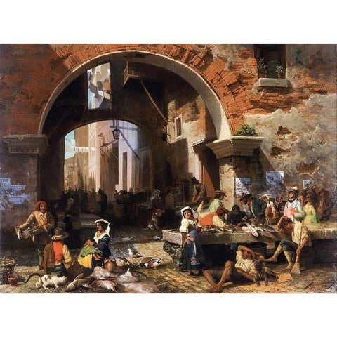 Roman Fish Market. Arch of Octavius White Modern Wood Framed Art Print by Bierstadt, Albert