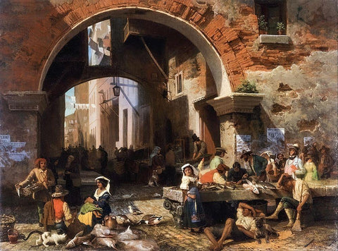 Roman Fish Market. Arch of Octavius White Modern Wood Framed Art Print with Double Matting by Bierstadt, Albert