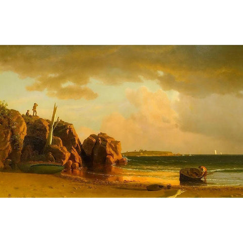 View Near Newport White Modern Wood Framed Art Print by Bierstadt, Albert