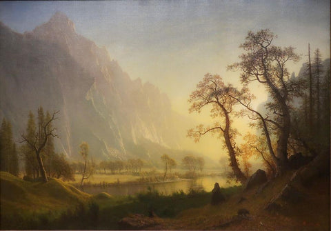 Sunrise, Yosemite Valley White Modern Wood Framed Art Print with Double Matting by Bierstadt, Albert