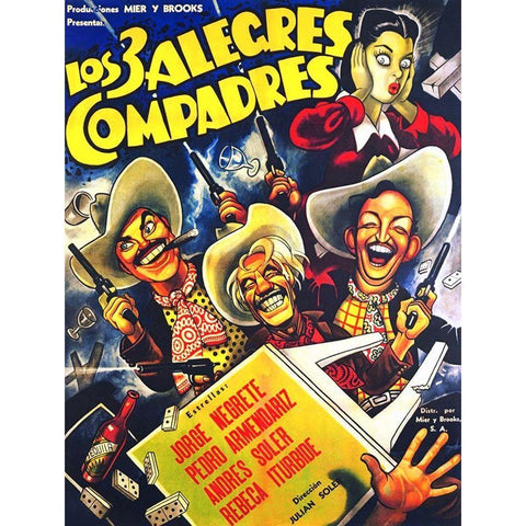 Mexican Movie Poster Los 3 alegres compadres Black Modern Wood Framed Art Print by Garcia Cabral, Ernesto