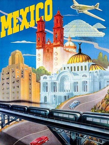 Mexico Travel Poster 1935 Black Ornate Wood Framed Art Print with Double Matting by Vintage Mexico Travel Poster