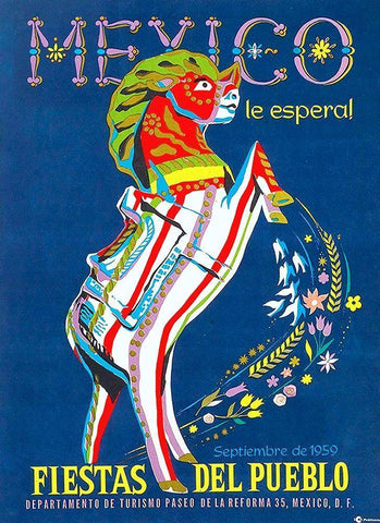 Le Espera Fiestas del Pueblo 1959 White Modern Wood Framed Art Print with Double Matting by Vintage Mexico Travel Poster