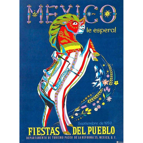 Le Espera Fiestas del Pueblo 1959 White Modern Wood Framed Art Print by Vintage Mexico Travel Poster